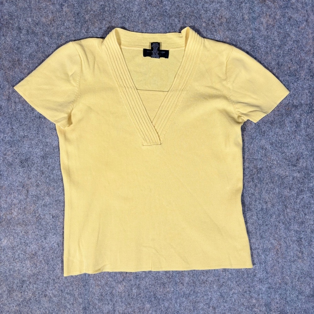 Cable & Gauge Knit Top Women Petite M Yellow V-Neck Short Sleeve Viscose Blend